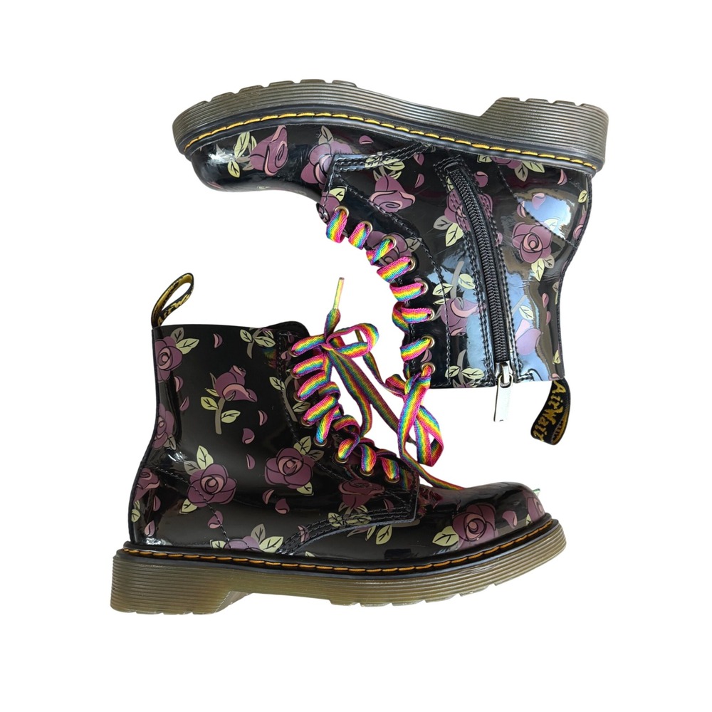 Dr. Martens 1460 J Floral Doodle Patent Leather Boots Black Pink Girl's Size 3